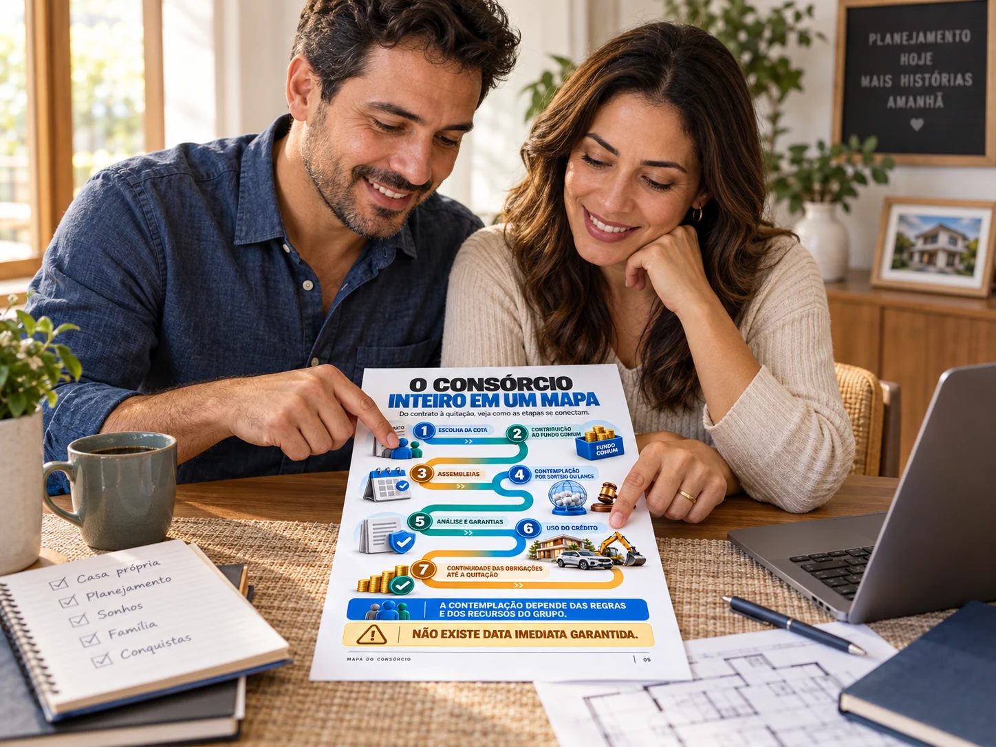 Casal usando o mapa visual do consórcio para planejar um imóvel
